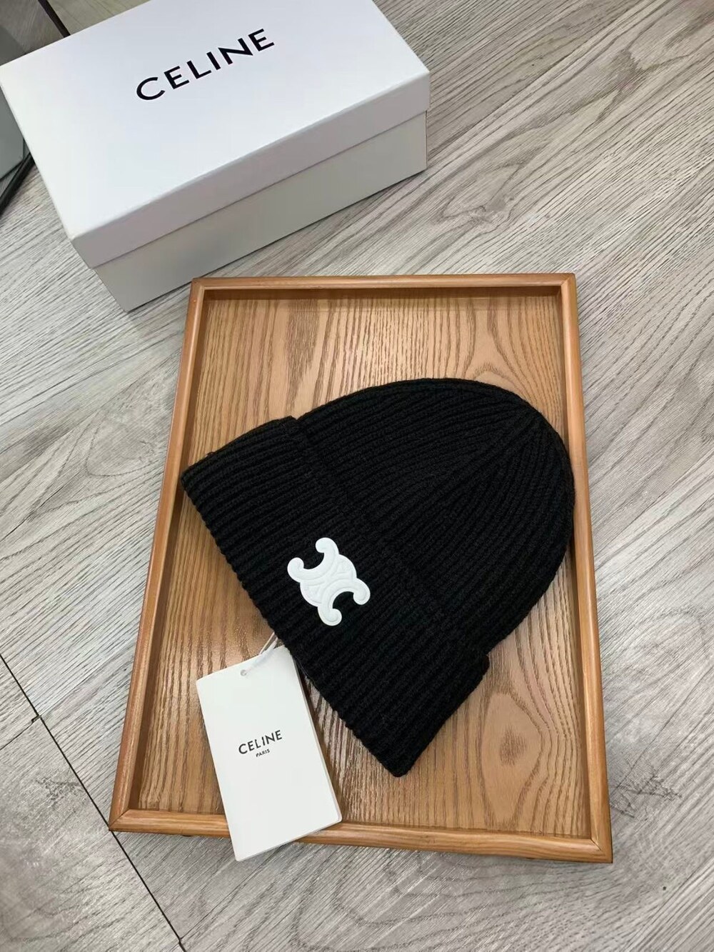 Celine Triomphe Ribbed Knit Beanie in Black - Picture 6 of 7